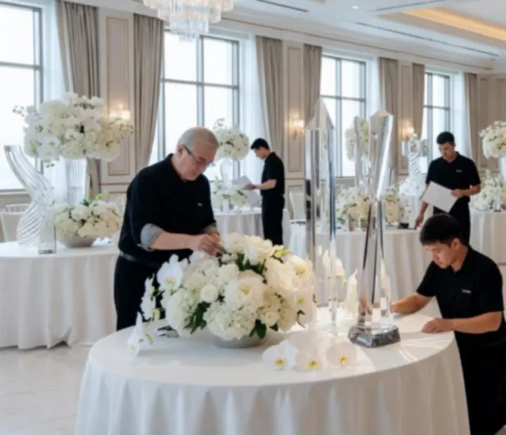Zespół Wonderstar s. r. o. przygotowujący scenografię i oświetlenie w dużej, eleganckiej sali balowej.