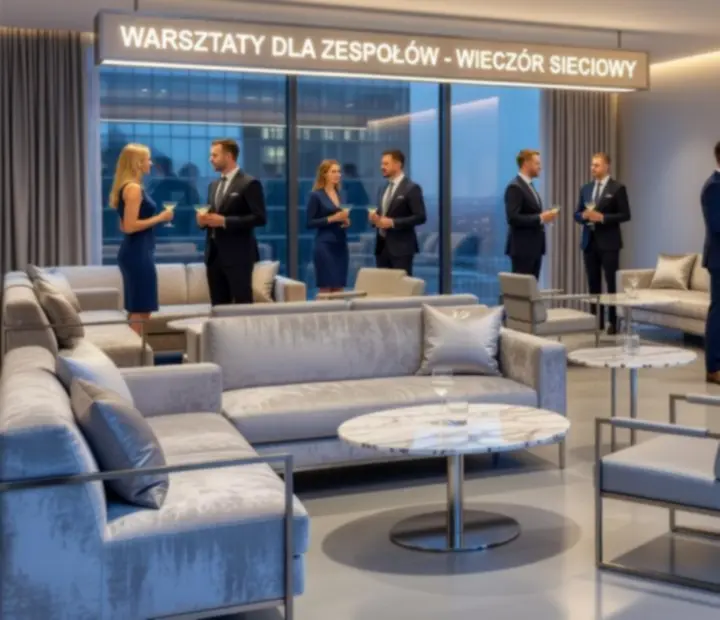 Nowoczesna aranżacja strefy lounge z jasnym oświetleniem na wieczorze firmowym