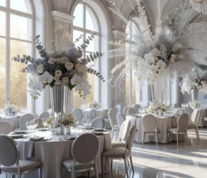 Duża sala balowa przygotowana na wieczorną galę z jasną sceną, okrągłymi stołami i eleganckimi dekoracjami.