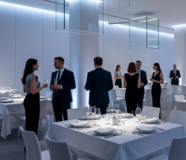 Panorama sali balowej podczas ekskluzywnego wydarzenia firmowego z jasną scenografią i eleganckim oświetleniem